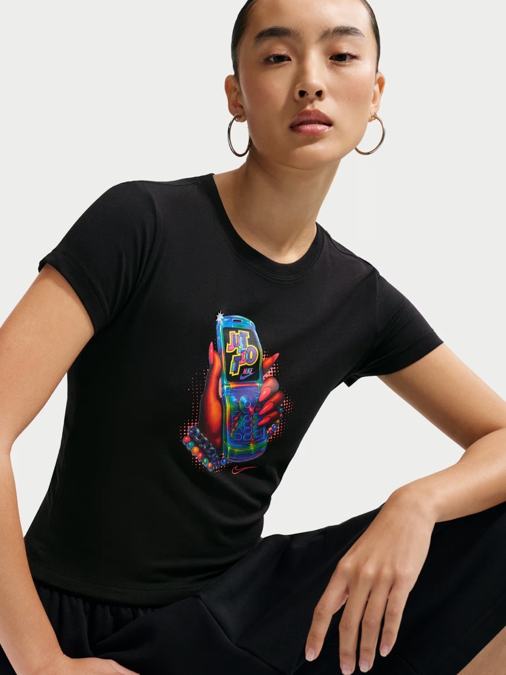 Nike Black Graphic Tee with Colorful Retro Phone Graphic